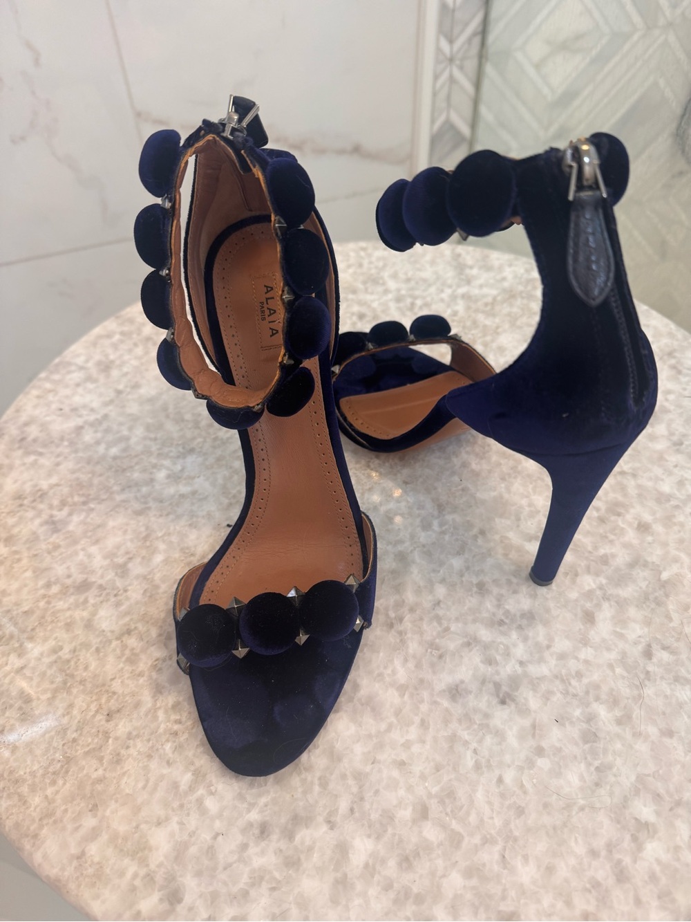 Alaia Navy Satin Pom-Pom Ankle-Strap Heels - Picture 11 of 16
